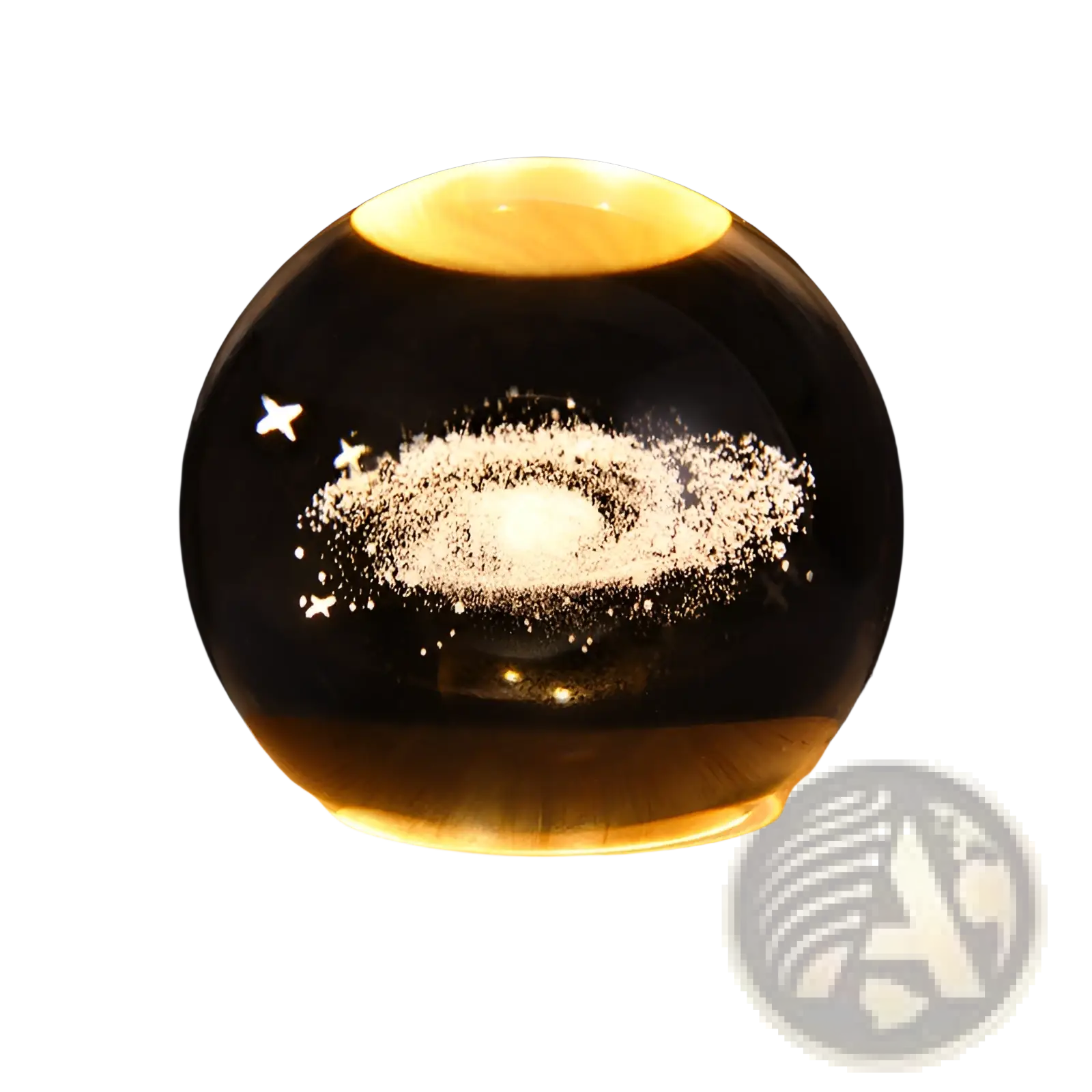 A glowing transparent glass 3d galaxy crystal ball led night light moon lamp illuminated by warm yellow light