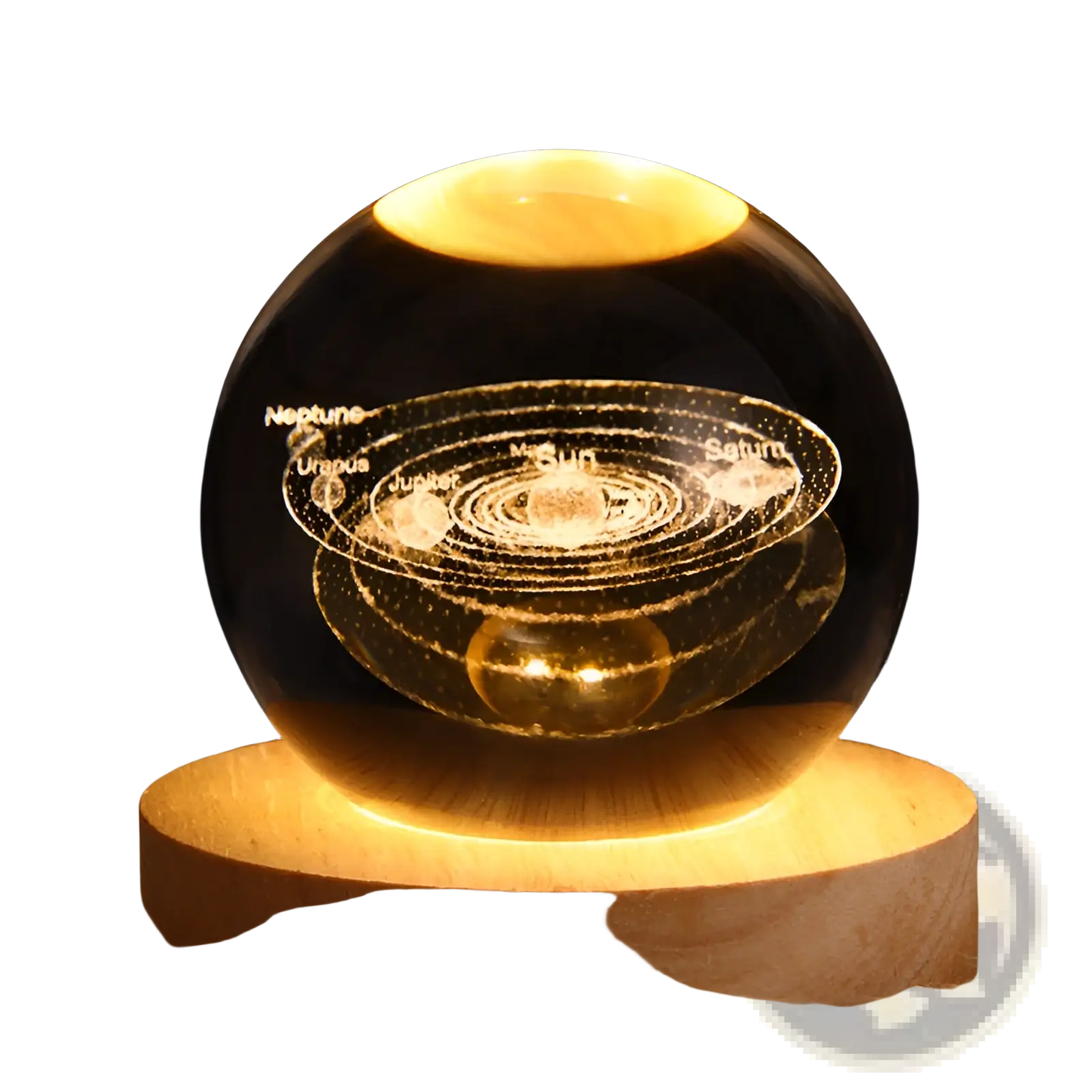 3d galaxy crystal ball led night light with a glowing transparent sphere featuring an illuminated solar system design and labeled planets