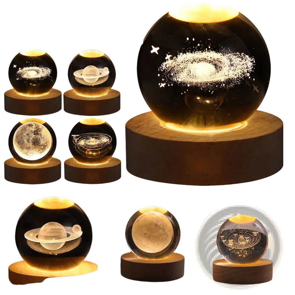 A 3d galaxy crystal ball led night light with translucent glass and warm amber glow showing a detailed galaxy design