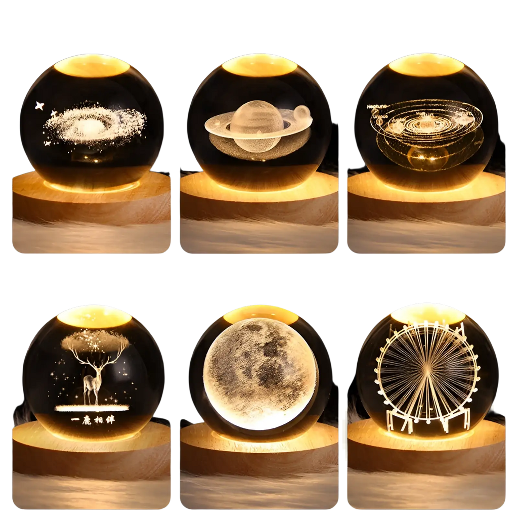 Clear glass 3d galaxy crystal ball led moon lamp with intricate laser-engraved celestial designs illuminated warm yellow