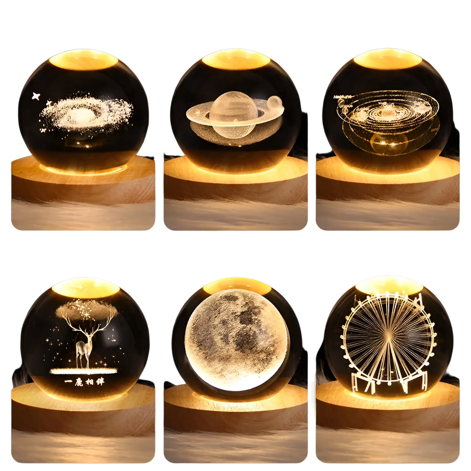 Clear glass 3d galaxy crystal ball led moon lamp with intricate laser-engraved celestial designs illuminated warm yellow