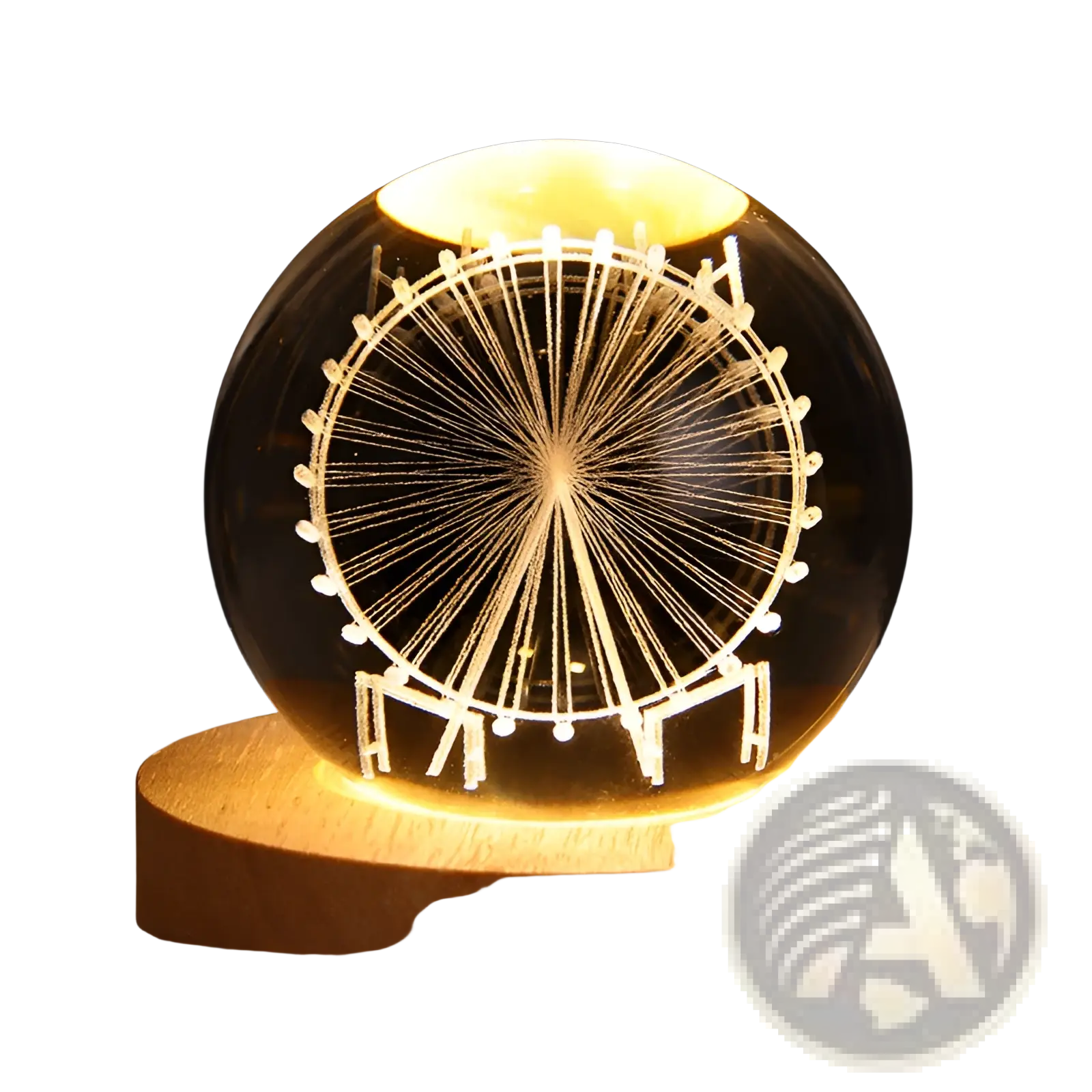 A warm glowing 3d galaxy crystal ball led night light moon lamp with a white ferris wheel etched on glass sphere