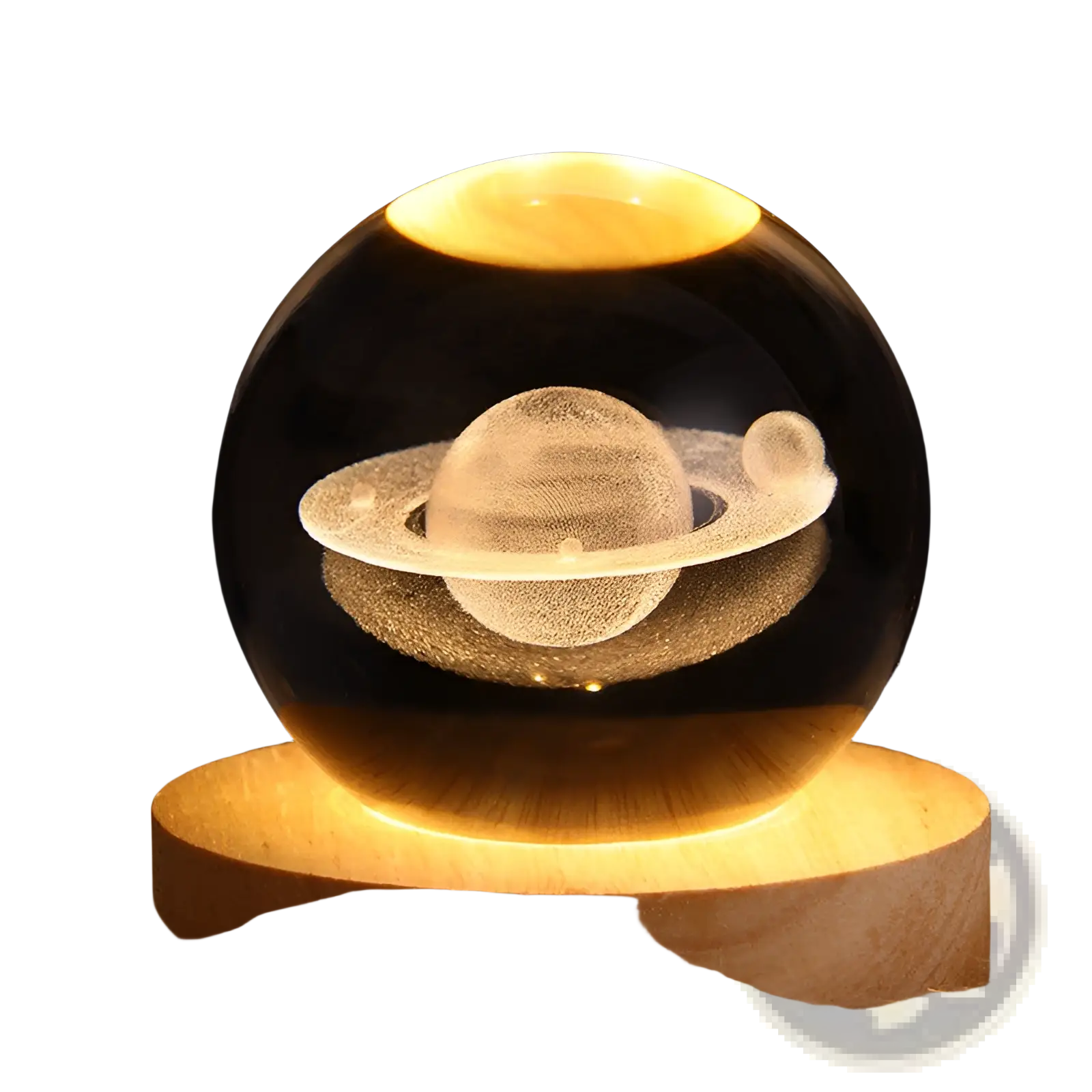 Warm-toned 3d galaxy crystal ball led night light featuring engraved saturn inside clear glass on wooden base
