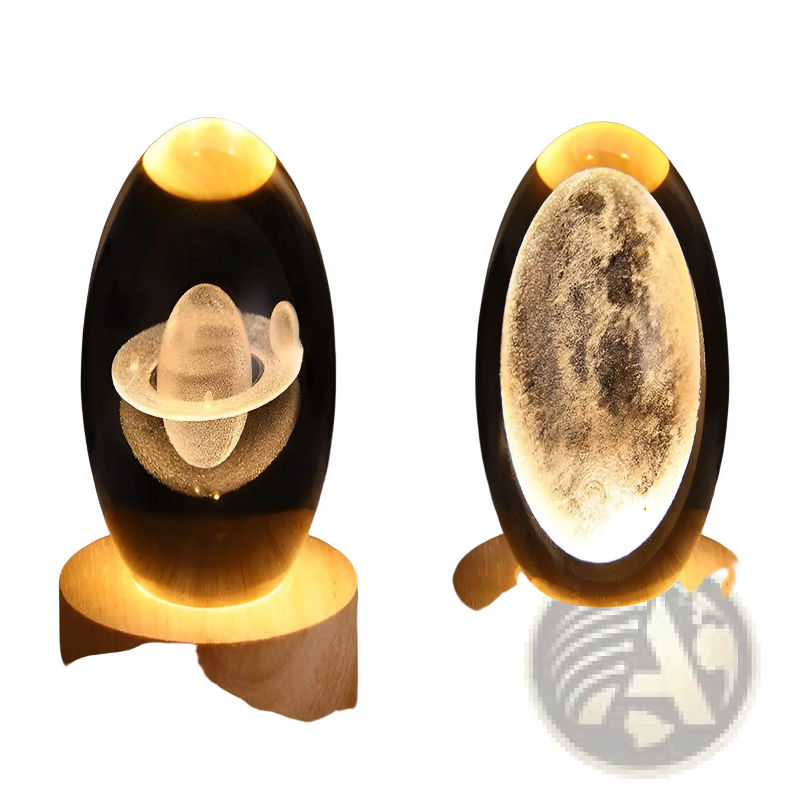 A warm-lit oval resin 3d galaxy crystal ball led night light moon lamp with a saturn design in clear glass and wood base
