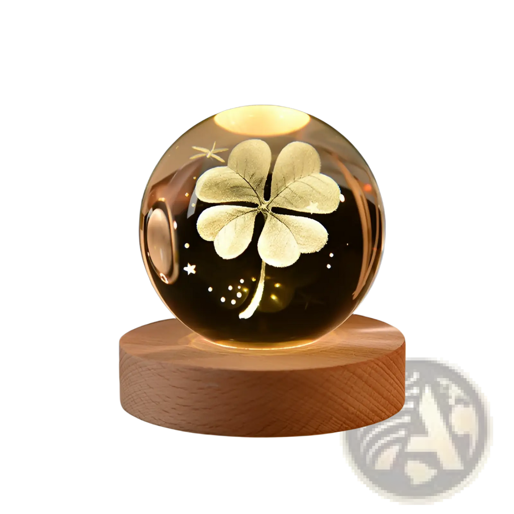 A glowing transparent crystal sphere with etched four-leaf clover and star patterns lit by warm LED light moon lamp