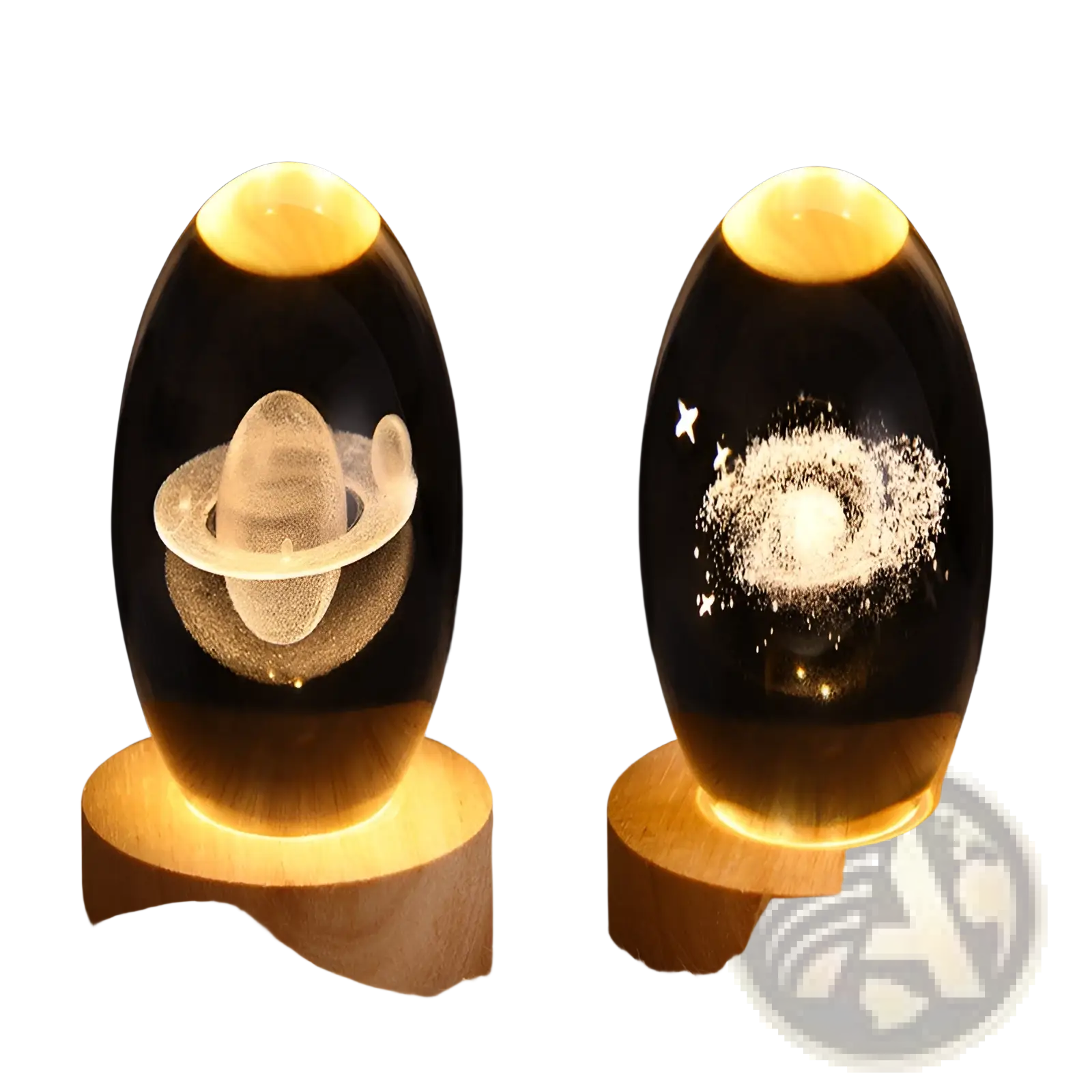 3d galaxy crystal ball led night light featuring a transparent glass egg shape with engraved planets emitting warm yellow light