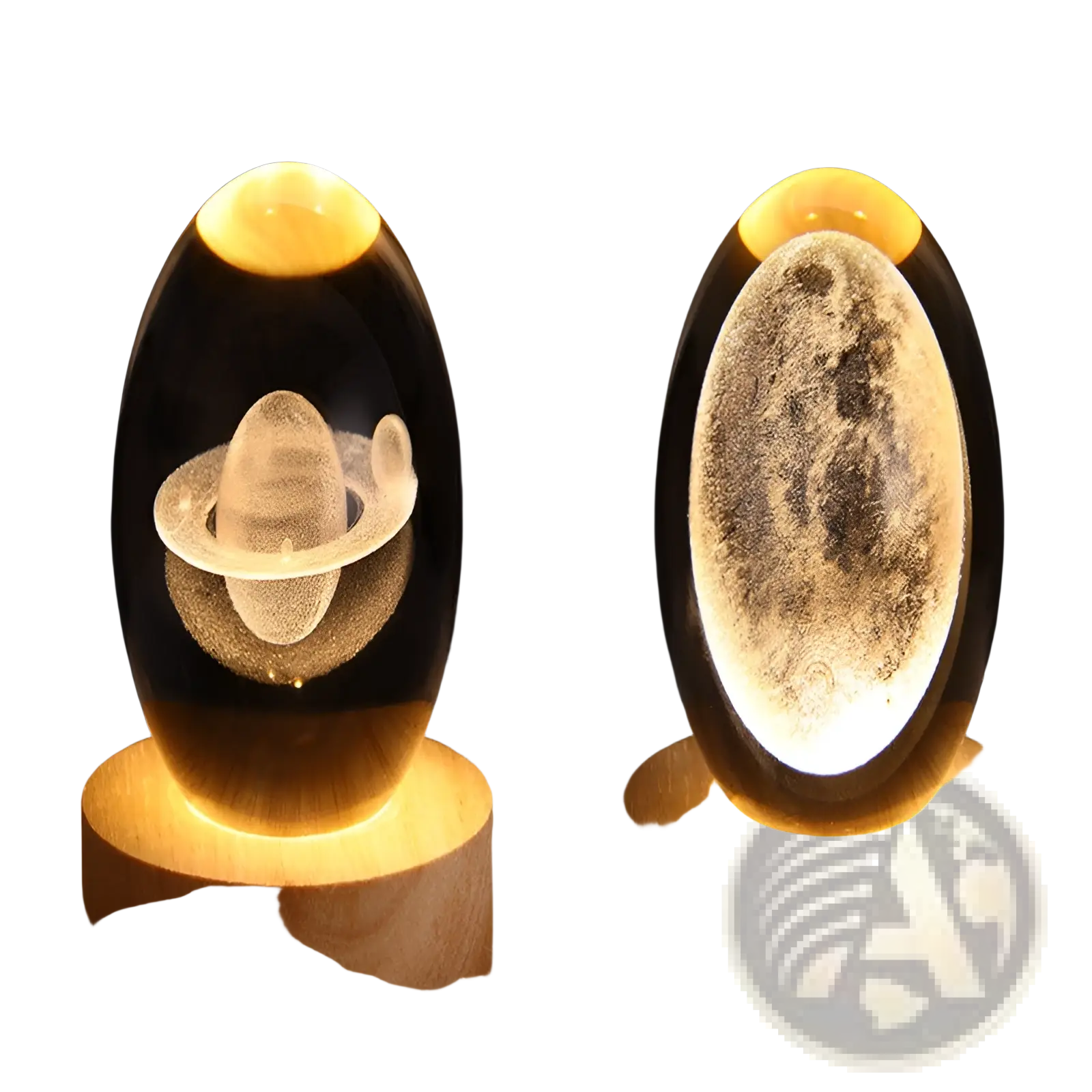 3d galaxy crystal ball led night light moon lamp with translucent amber glass body and wooden base with oval shape