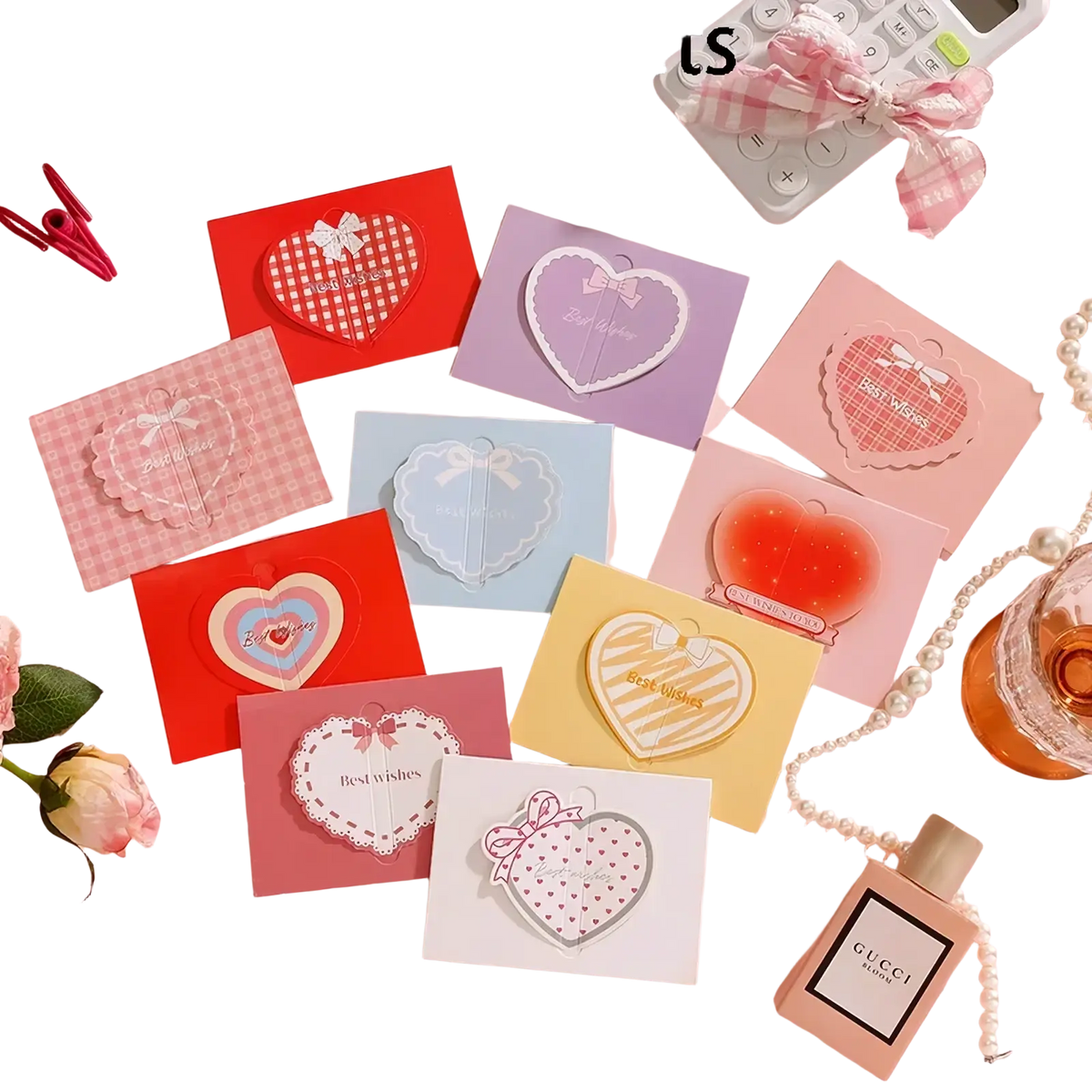 A set of 20 pastel heart shaped sticky notes with decorative patterns and bows for valentine wedding notes