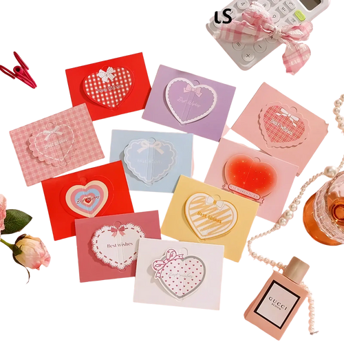 A set of 20 pastel heart shaped sticky notes with decorative patterns and bows for valentine wedding notes