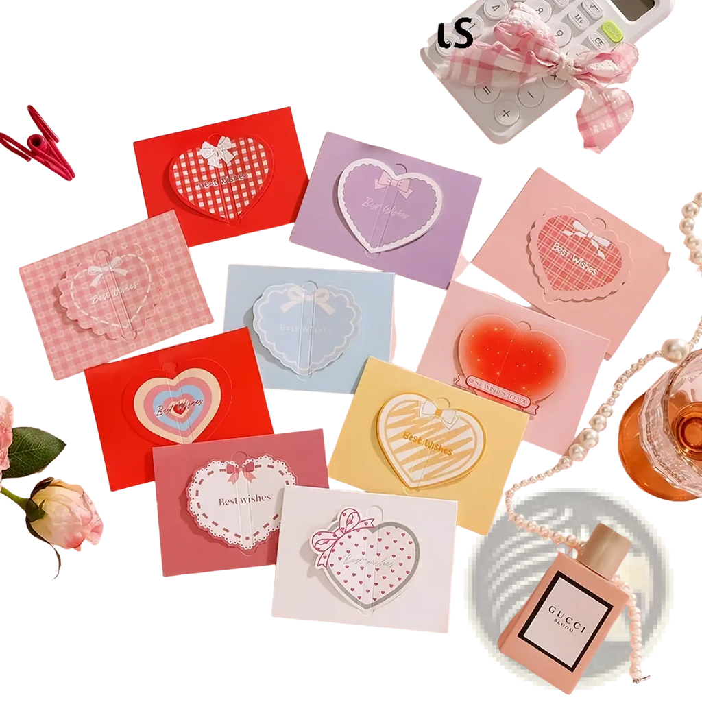 A set of 20 pastel heart shaped sticky notes with decorative patterns and bows for valentine wedding notes