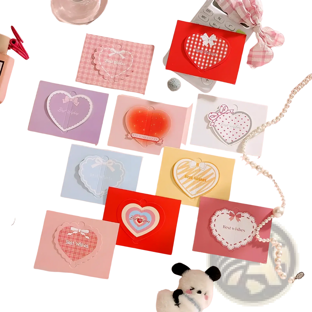 3d heart greeting cards set of pastel-colored heart-shaped sticky notes with decorative bows and best wishes text on pink background