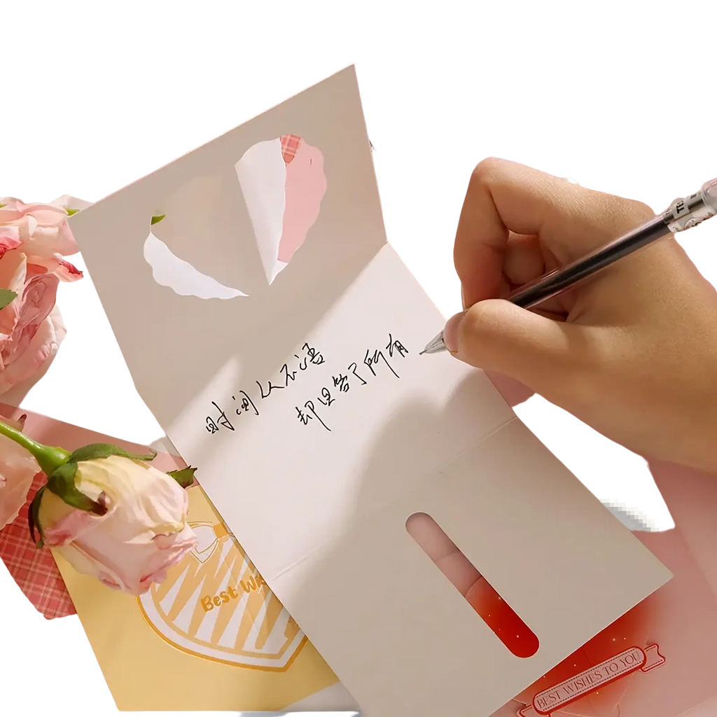 A white paper 3d heart greeting card with a heart-shaped cutout and handwritten chinese text for valentine and wedding notes