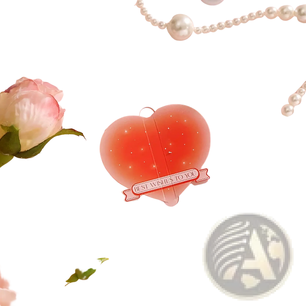 A translucent peach-colored heart-shaped sticker with glitter texture and best wishes banner from 3d heart greeting cards set
