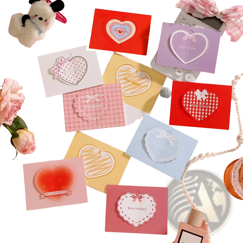A set of pastel-colored 3d heart-shaped greeting cards with decorative bows and best wishes for Valentine wedding notes