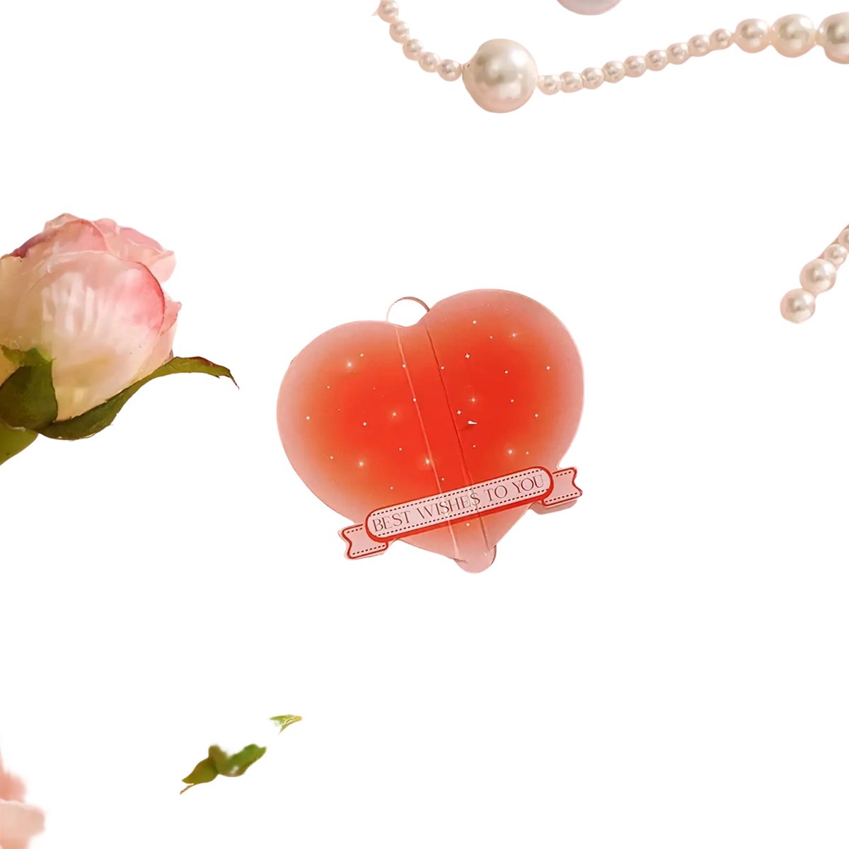 A translucent peach-colored heart-shaped sticker with glitter texture and best wishes banner from 3d heart greeting cards set