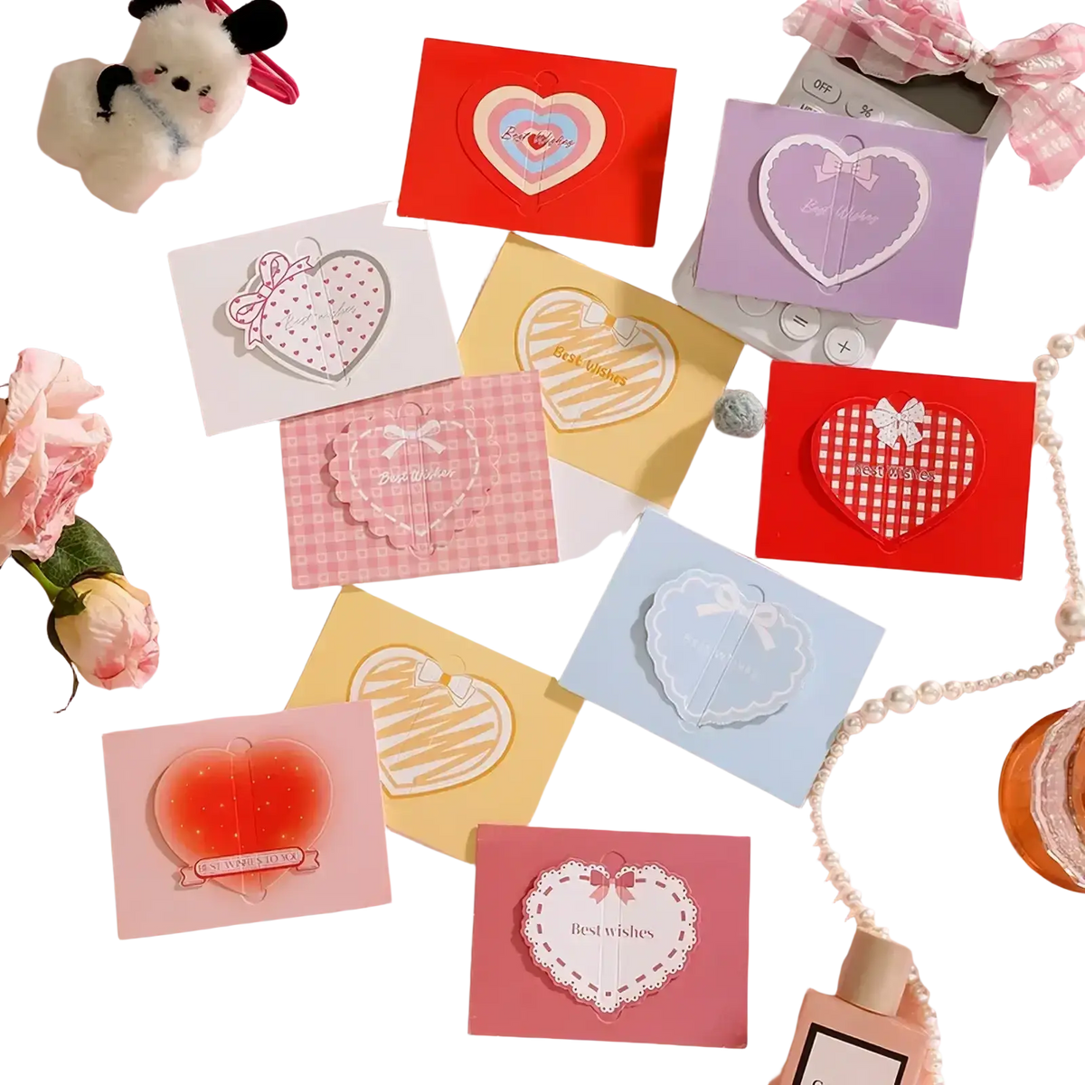 A set of pastel 3d heart greeting cards with decorative bows and lace details for wedding notes and valentine use
