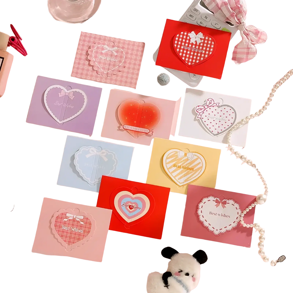 3d heart greeting cards set of pastel-colored heart-shaped sticky notes with decorative bows and best wishes text on pink background