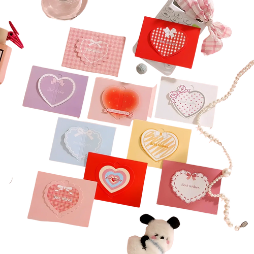 3d heart greeting cards set of pastel-colored heart-shaped sticky notes with decorative bows and best wishes text on pink background