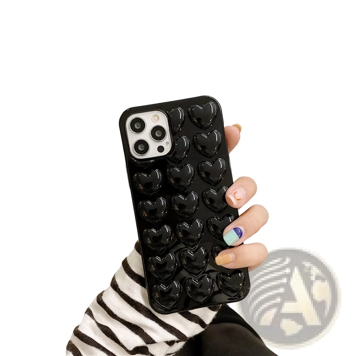 Black glossy silicone phone case with raised 3d heart embellishments shown from the back side with a clear lanyard cover