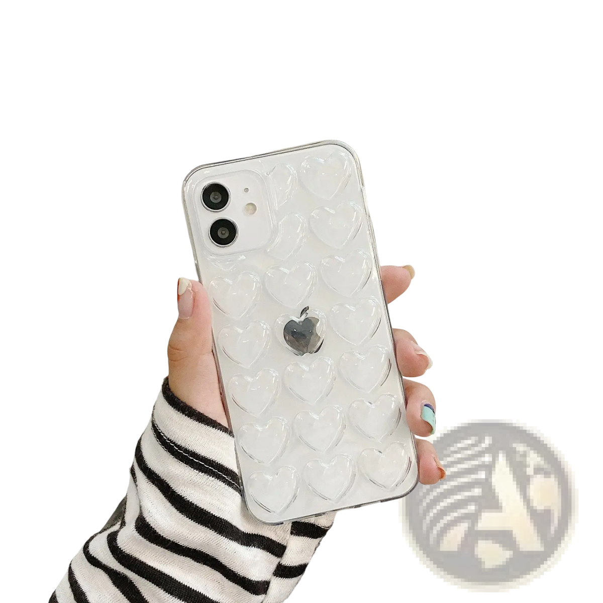 Clear white 3d heart silicone phone case with transparent glossy finish showing the back side of the lanyard cover