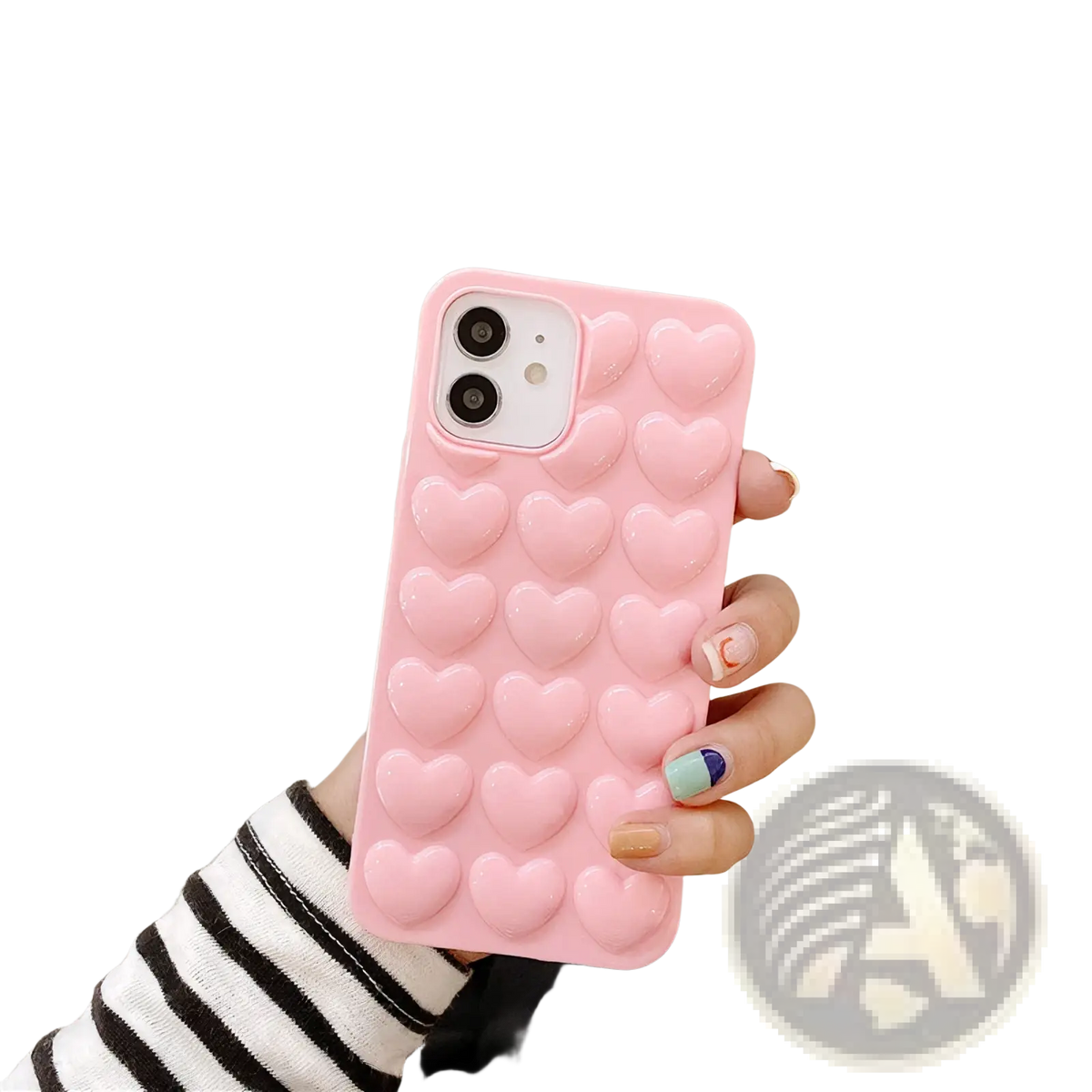 Pink 3d heart silicone phone case with clear glossy finish and lanyard showing the back side of the cover