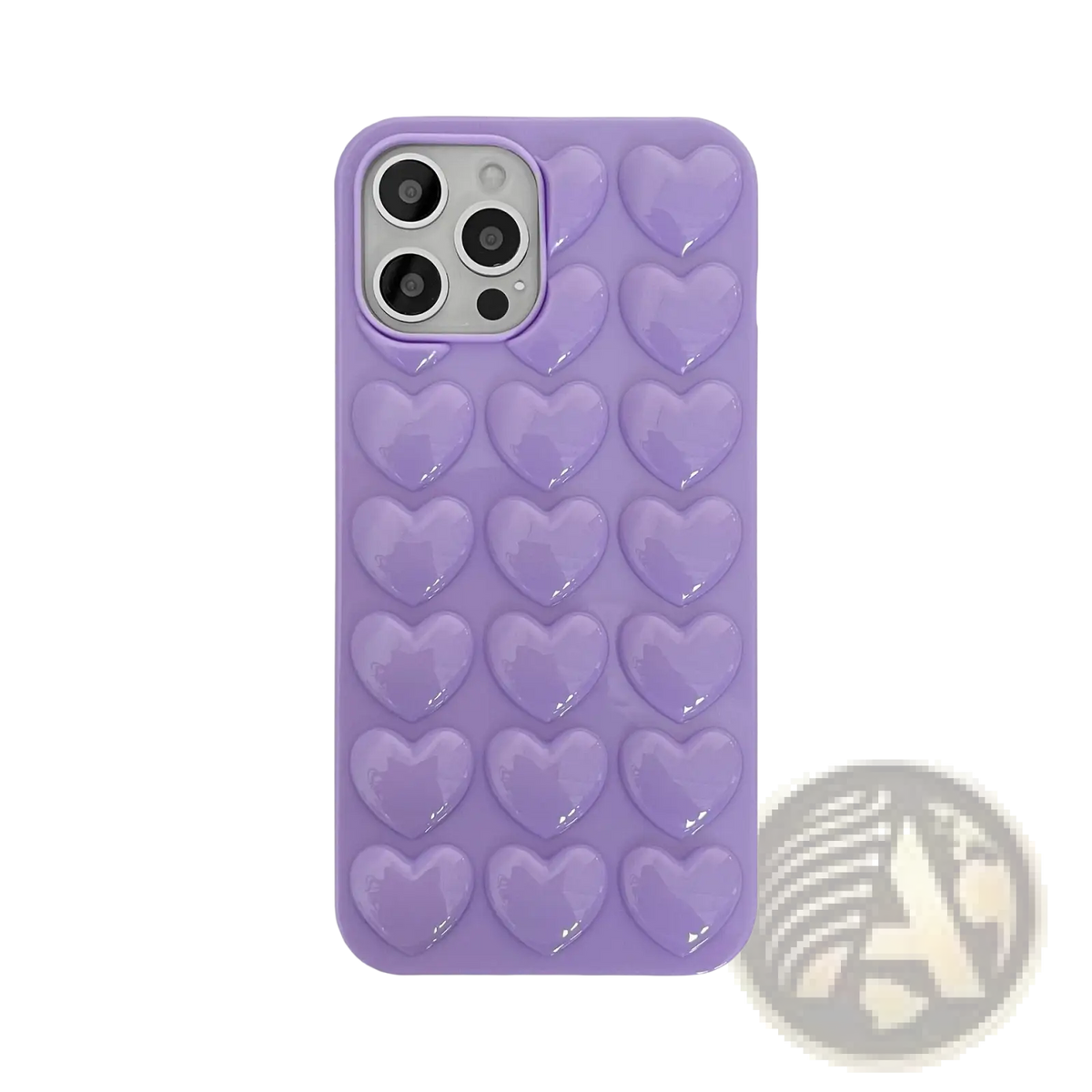 Back side of a glossy lavender 3d heart silicone phone case with raised heart shapes and clear lanyard cover