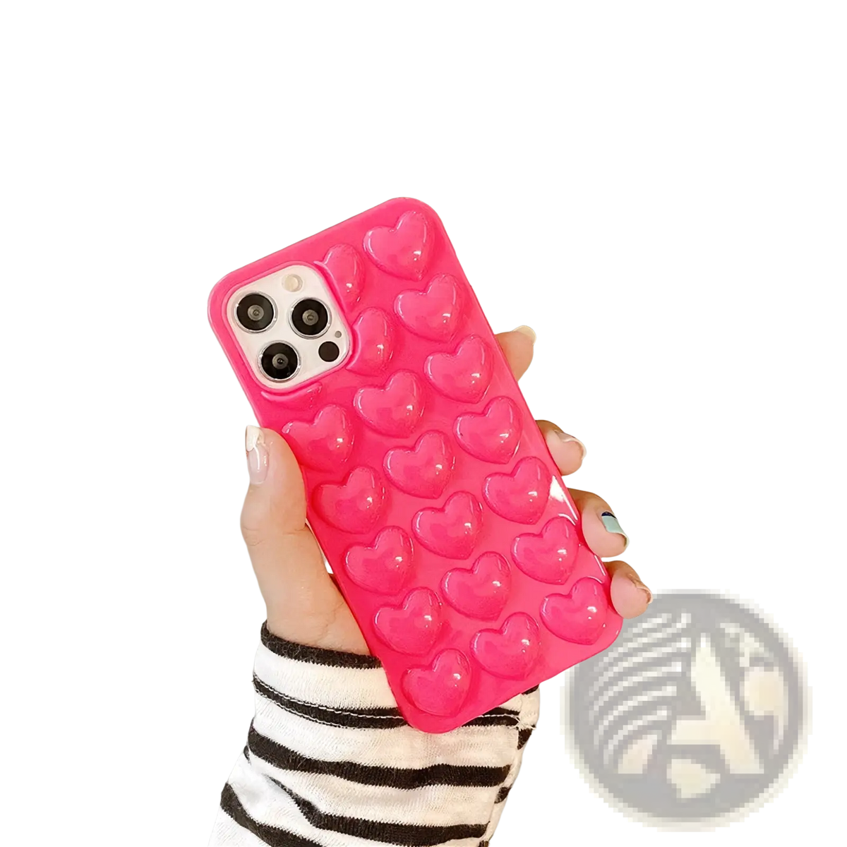 Vibrant pink 3d heart silicone phone case with raised glossy heart bumps shown from the back side