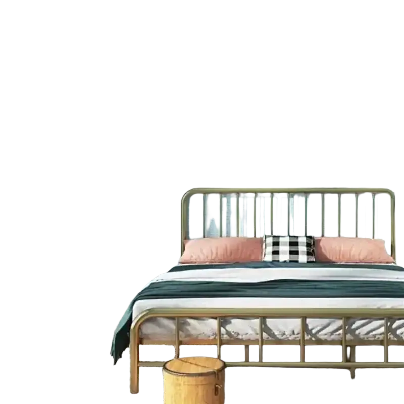 Gold metal bed frame with vertical slats and matching headboard in living room with 3d linen self adhesive paper wallpapers