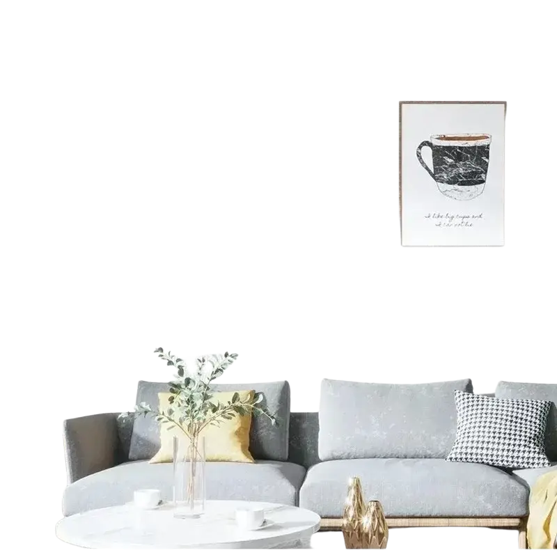 Gray velvet sofa with yellow and black and white throw pillows in living room featuring 3d linen self adhesive paper wallpapers