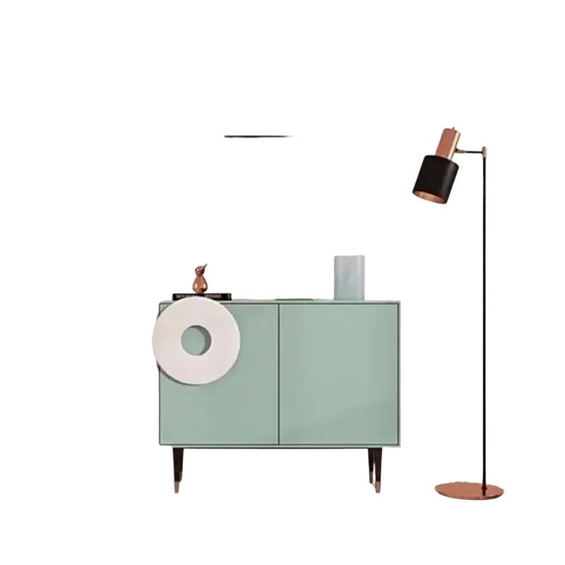 Mint green mid-century modern sideboard with white circular accent and tapered legs complements living room paper wallpapers