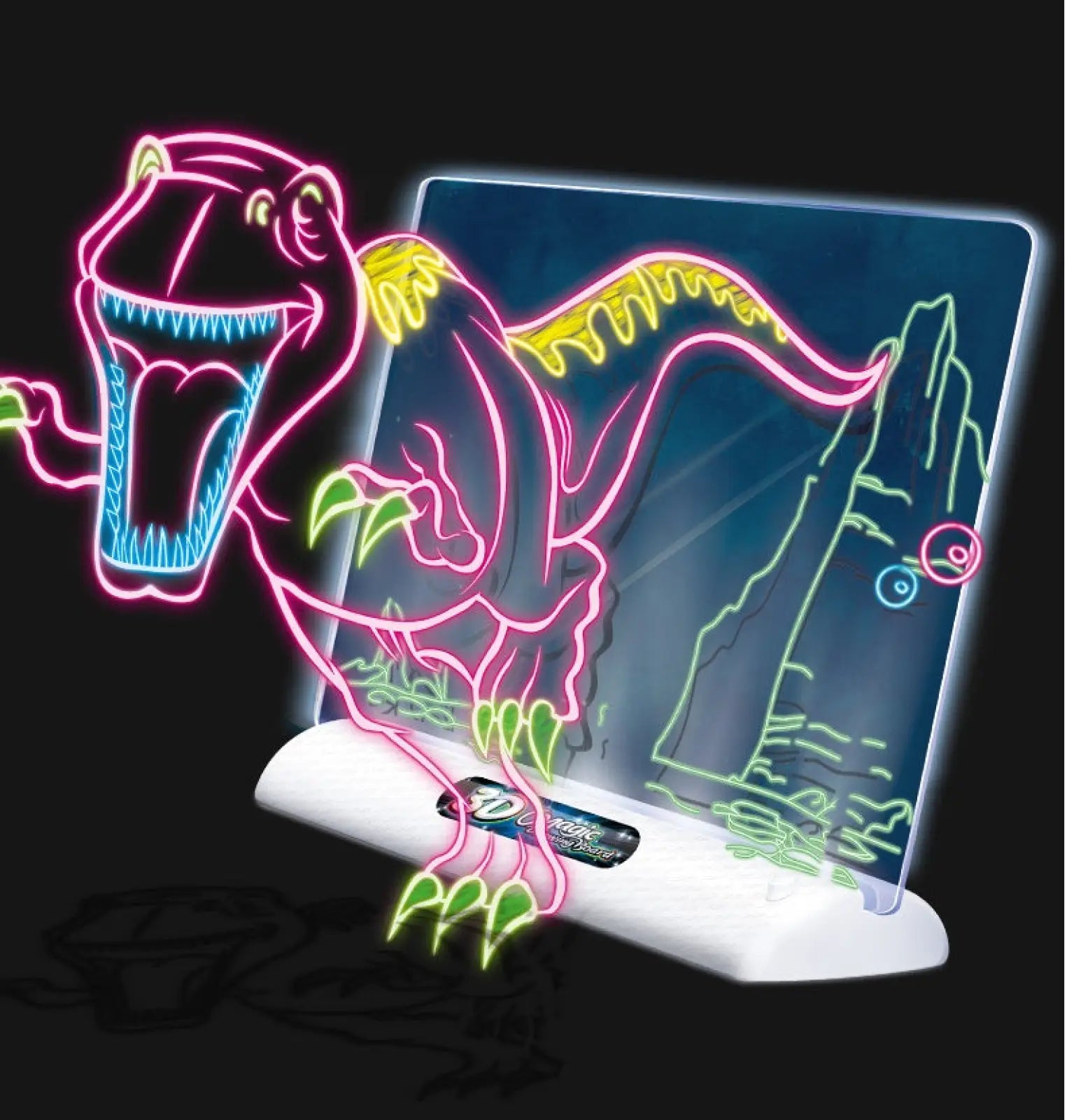 A 3d magic drawing board led educational toy projects a glowing neon pink and yellow dinosaur on a transparent screen