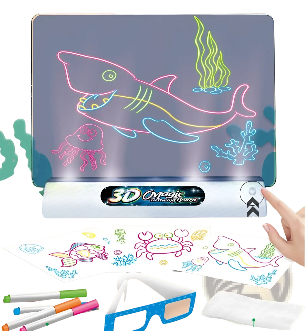 The 3d magic drawing board led educational toy features a sleek dark gray design with vibrant neon marine life outlines