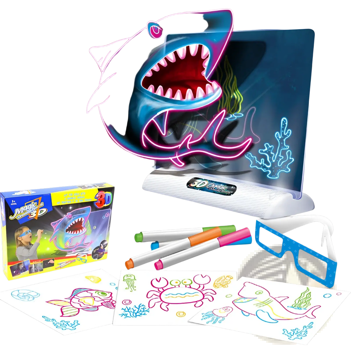 Neon blue and pink shark-shaped 3d magic drawing board led educational toy with colorful markers and 3d glasses