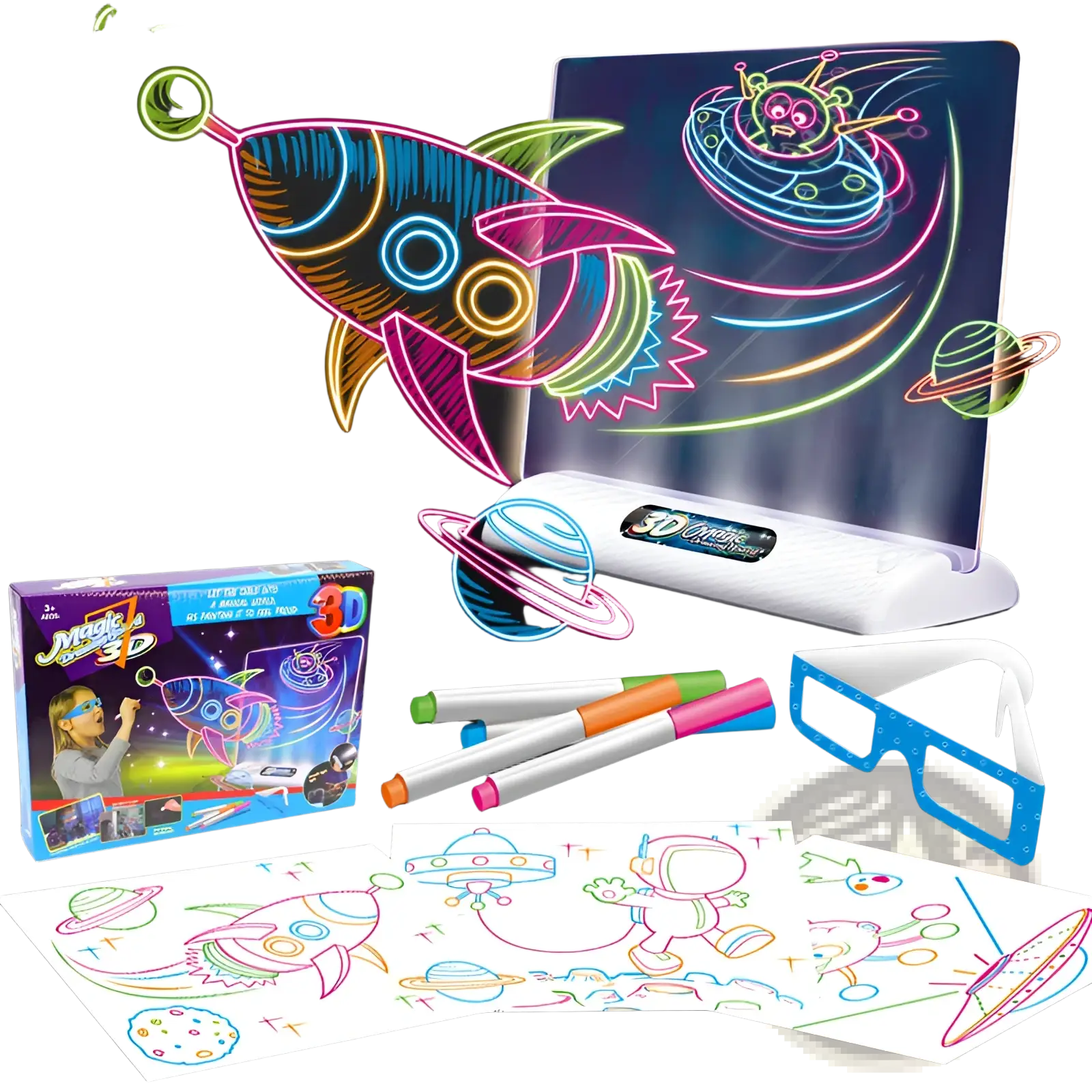 3d magic drawing board led educational toy with neon-colored kit, white projector, colorful markers, and blue 3d glasses
