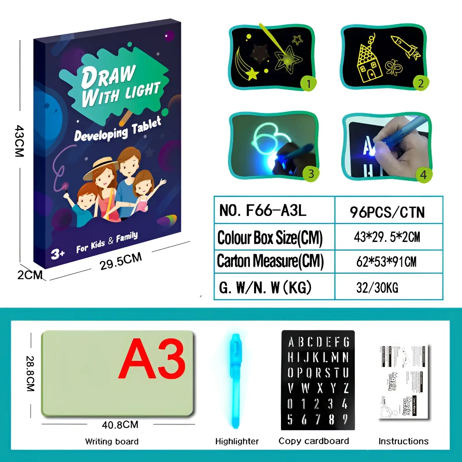 A3-sized black 3d magic glow drawing pad with a glowing blue highlighter and alphabet copy cardboard for kids light drawing