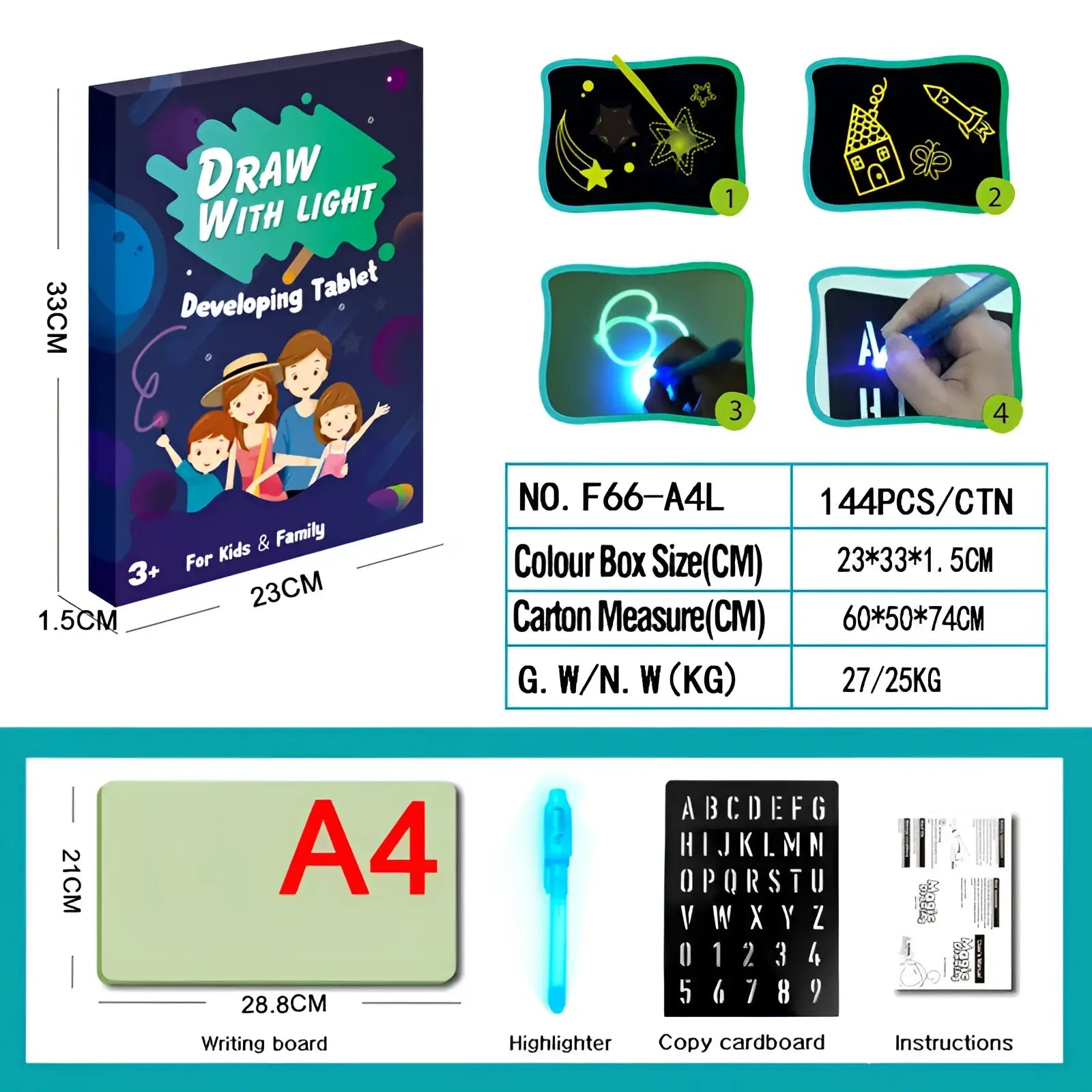 A blue glow-in-the-dark highlighter pen with translucent barrel and black cap for 3d magic glow drawing pad use
