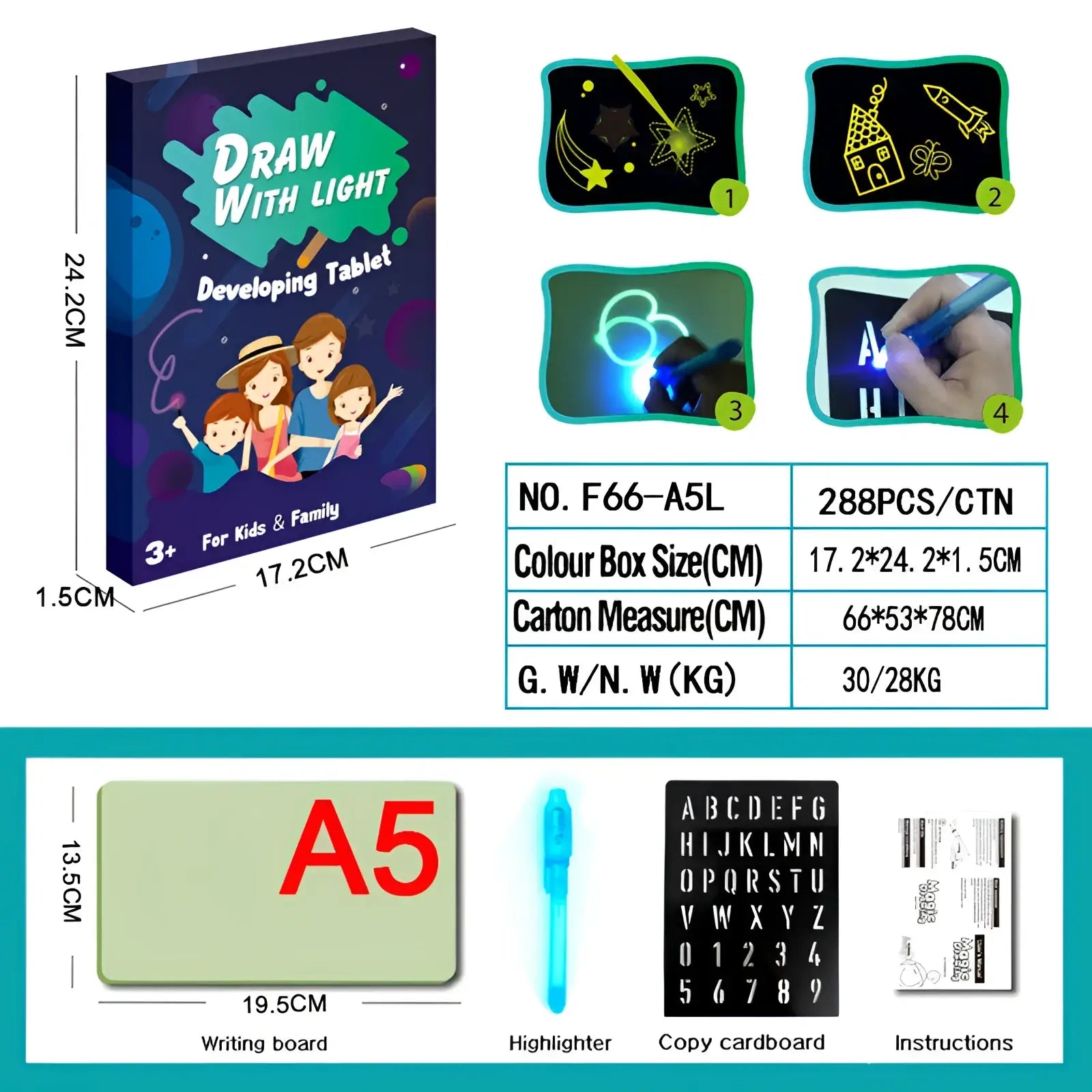 A5-sized black 3d Magic Glow drawing pad with a glowing blue highlighter and alphabet copy cardboard for kids creative play
