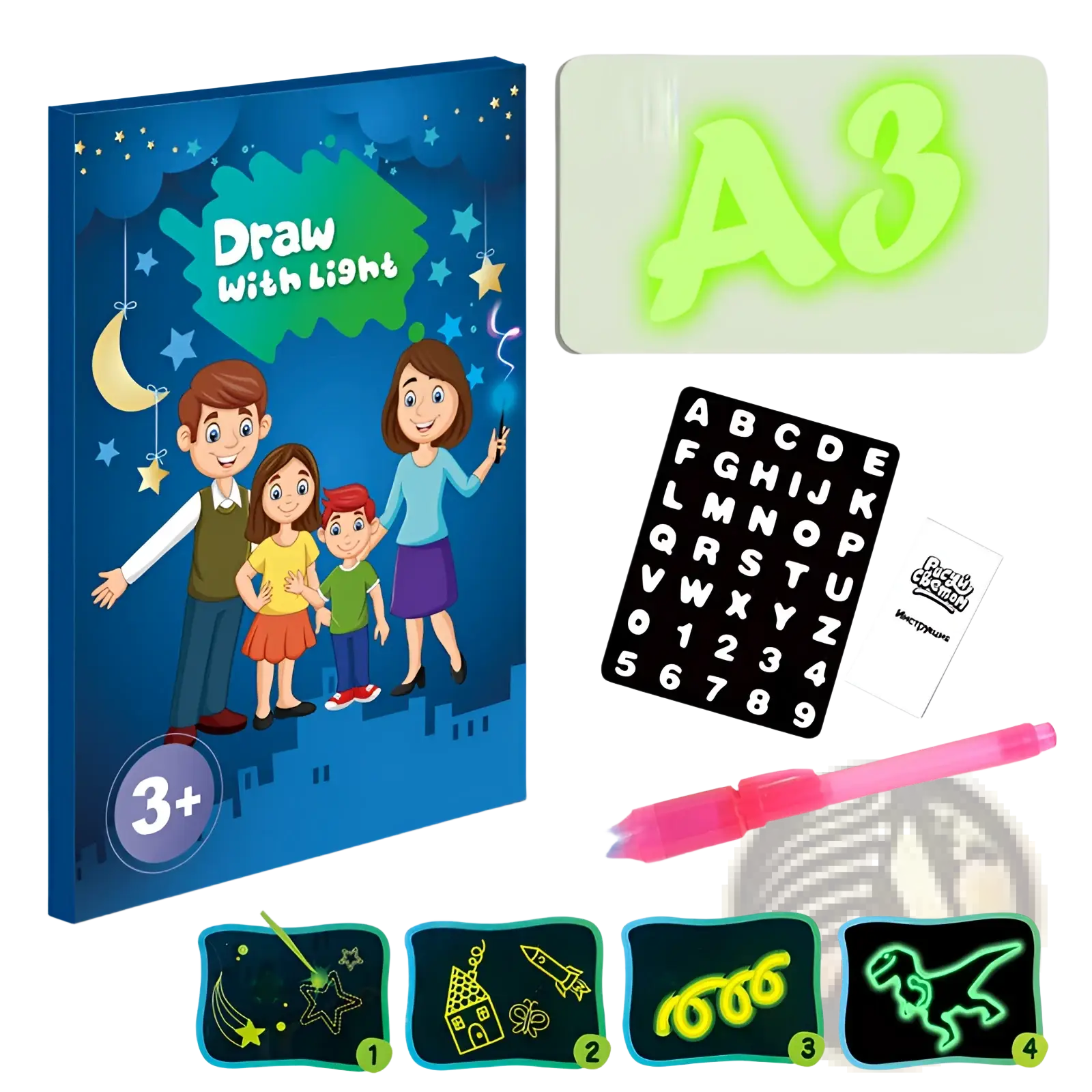 Blue draw with light activity kit box featuring a family illustration and glowing green stencil for 3d magic glow drawing pad