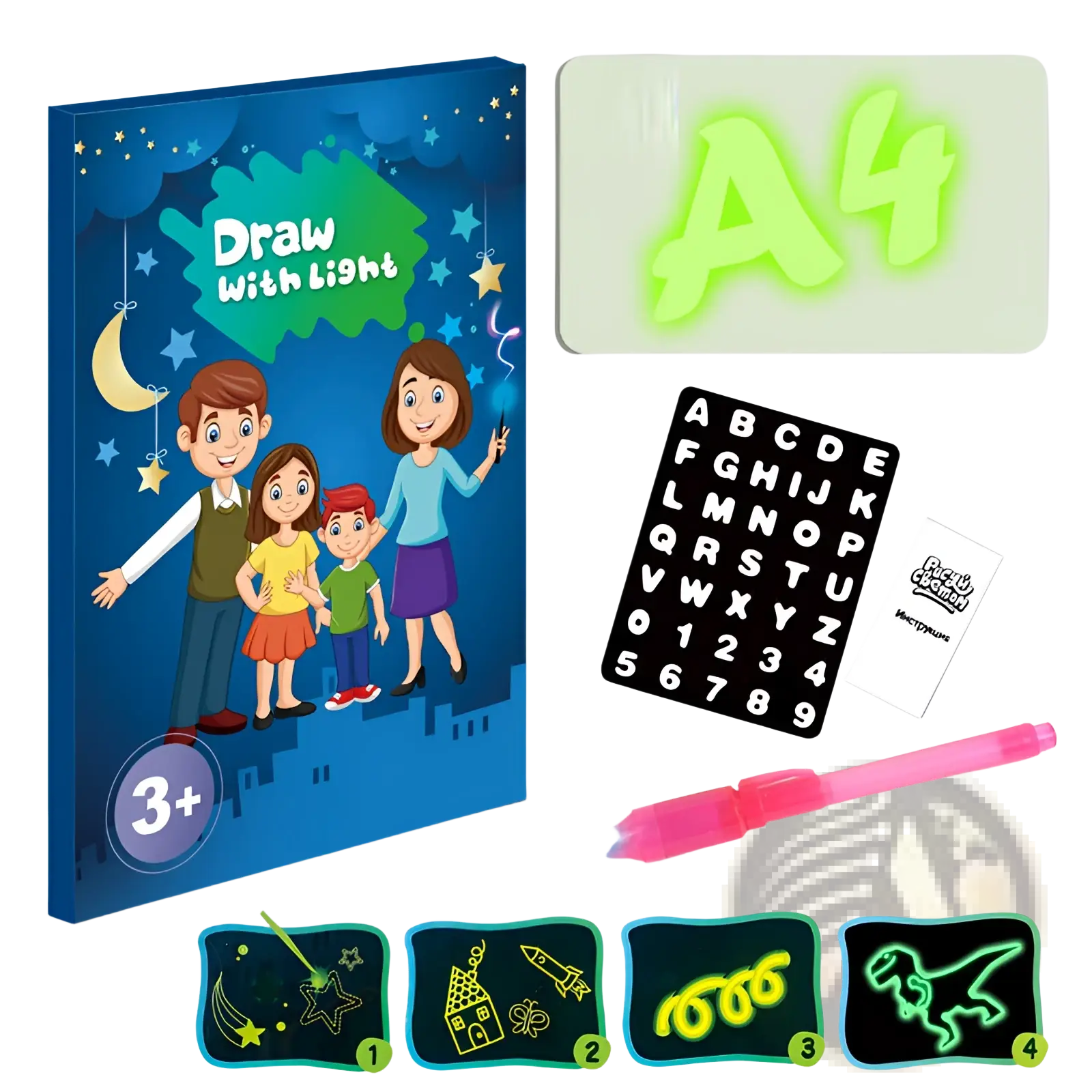 Blue 3d magic glow drawing pad kids light up sketchpad featuring family illustration and glowing a4 stencil kit box