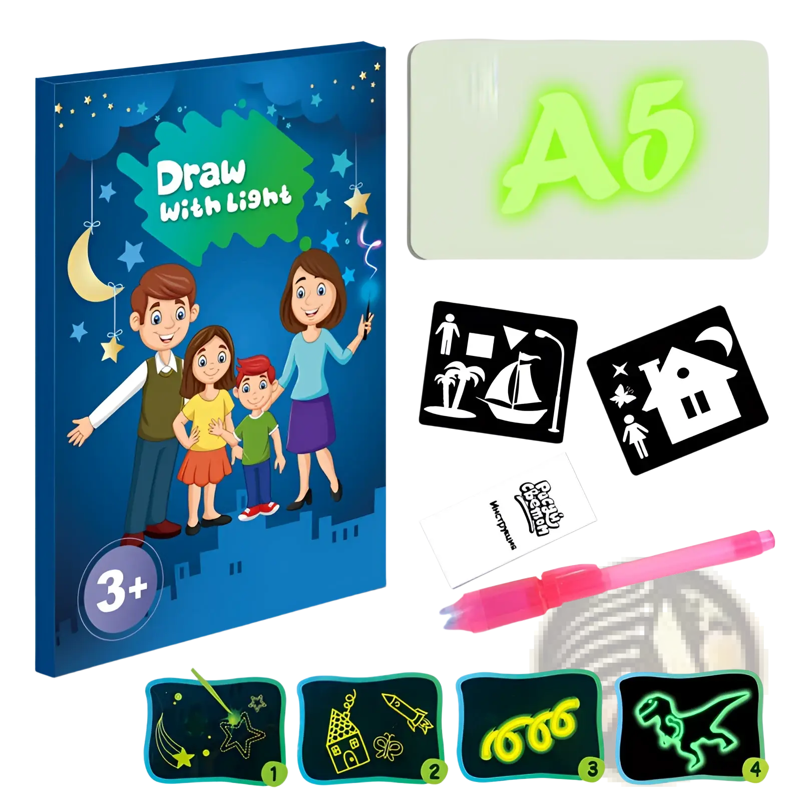 A glowing green a5 3d magic glow drawing pad with a pink light pen and black and white stencil templates for kids nighttime art