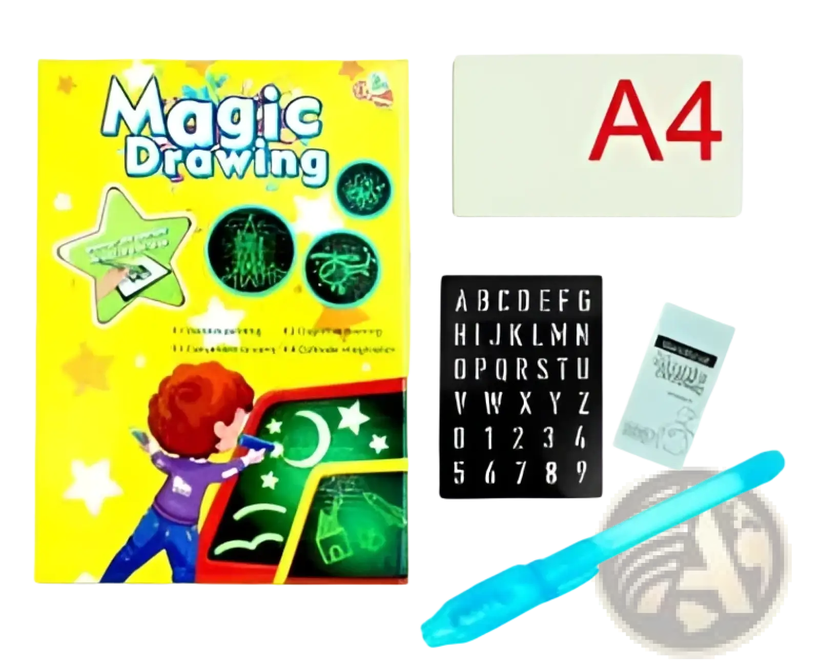 Bright yellow 3d magic glow drawing pad with star and moon designs includes white mat, stencil, and blue glow pen