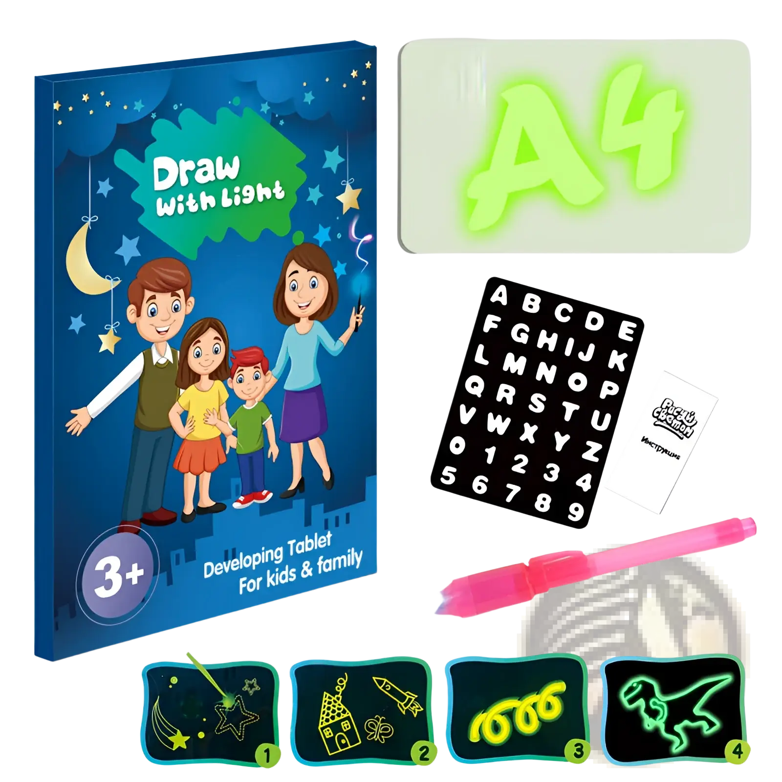 Blue 3d magic glow drawing pad with pink light pen black alphabet stencil and glowing a4 template for kids and family