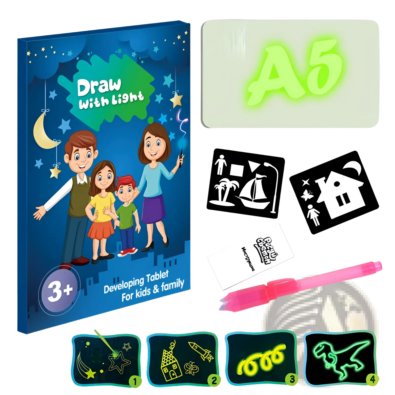 A5 glow-in-the-dark 3d magic glow drawing pad with pink light pen and black silhouette stencils for kids