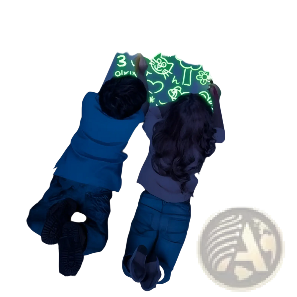 Glowing green 3d magic glow drawing pad with children using styluses to create illuminated designs