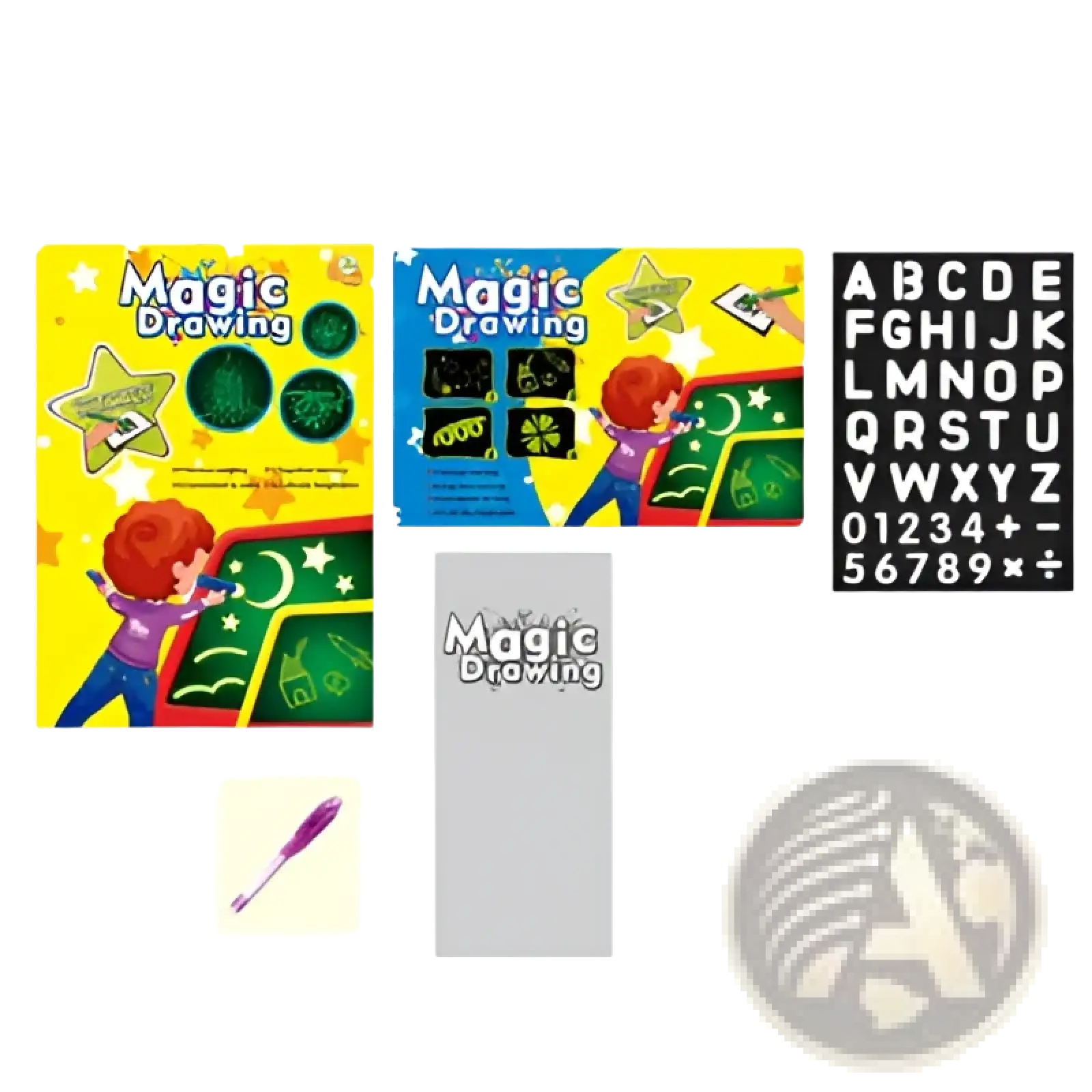 The 3d magic glow drawing pad features a yellow and blue box with star stencils and a purple stylus for glowing designs