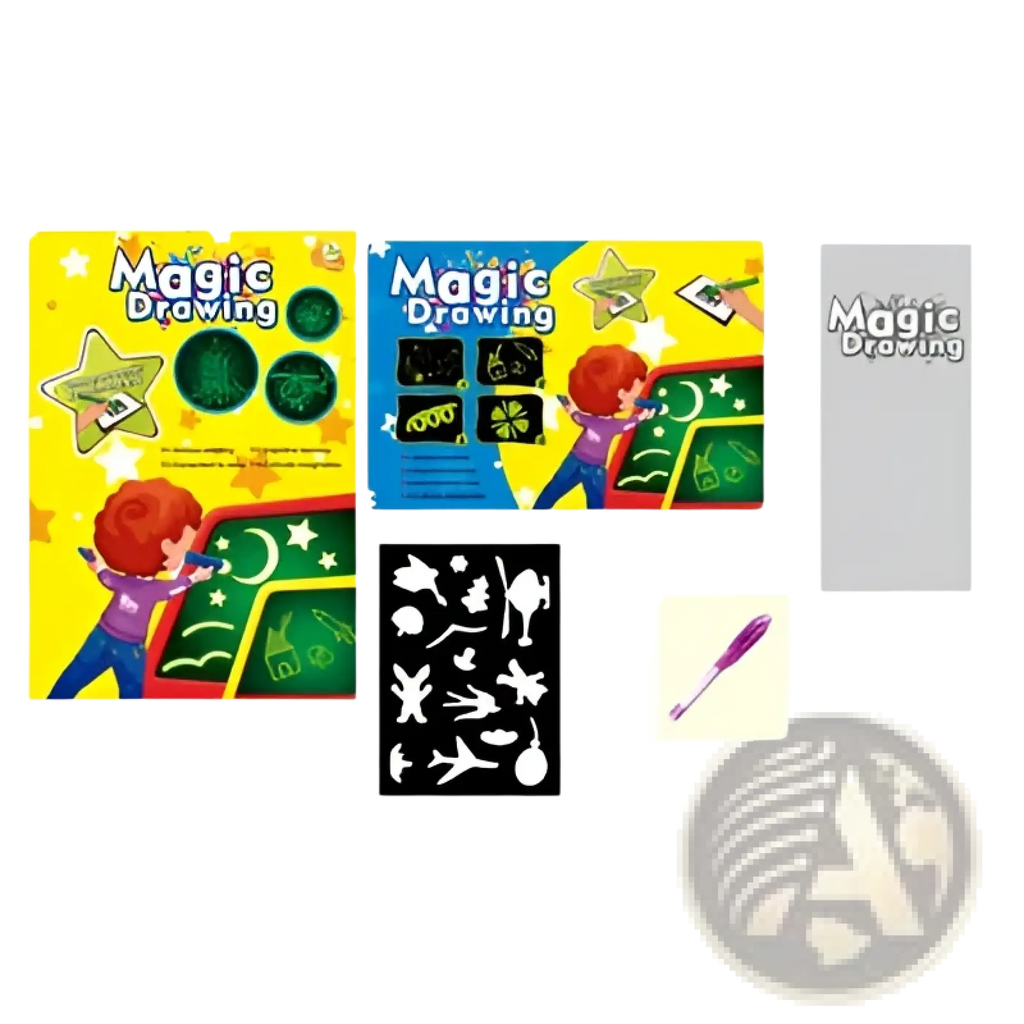 The 3d magic glow drawing pad features a vibrant yellow and blue board with glowing star templates and a purple stylus