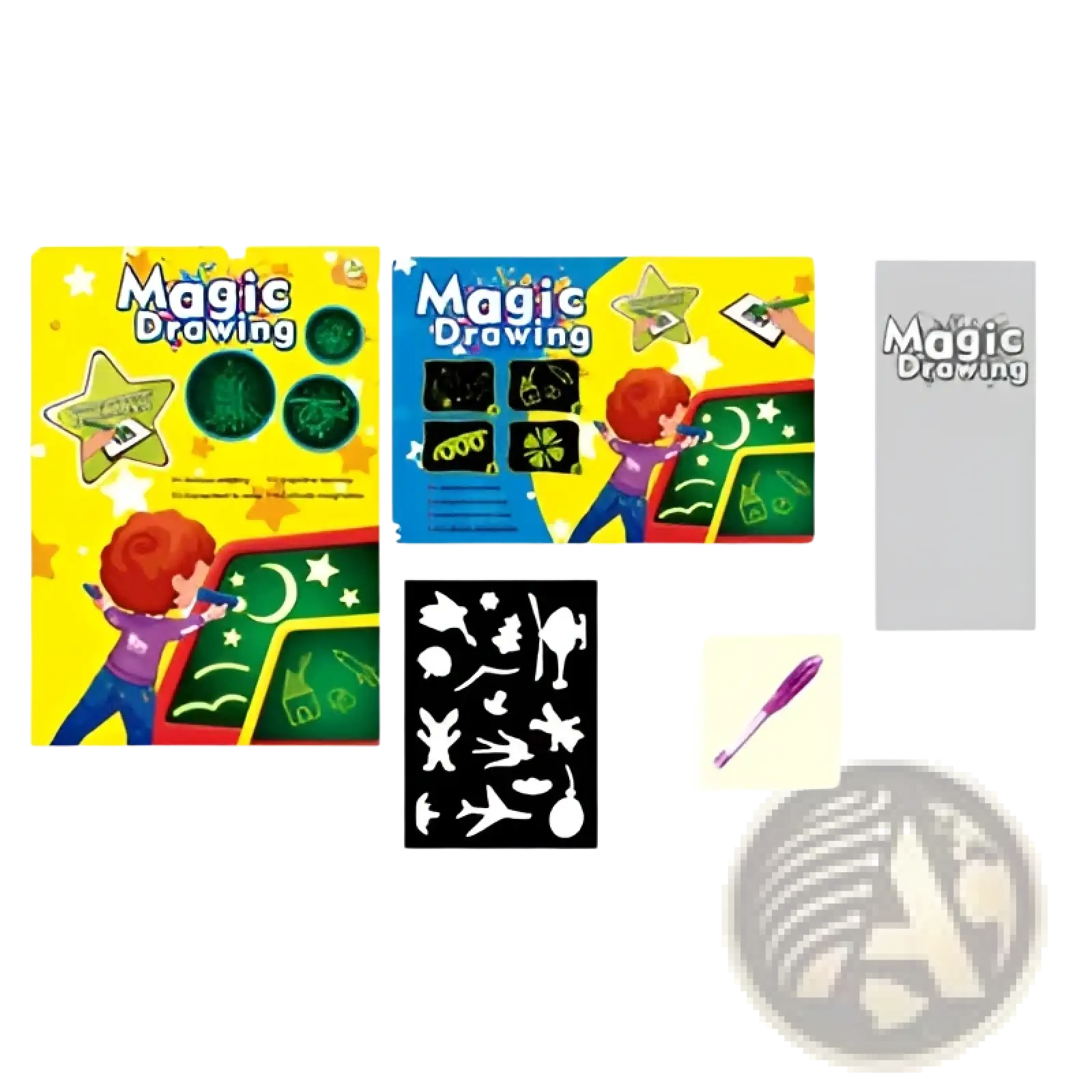 The 3d magic glow drawing pad features a vibrant yellow and blue board with glowing star templates and a purple stylus
