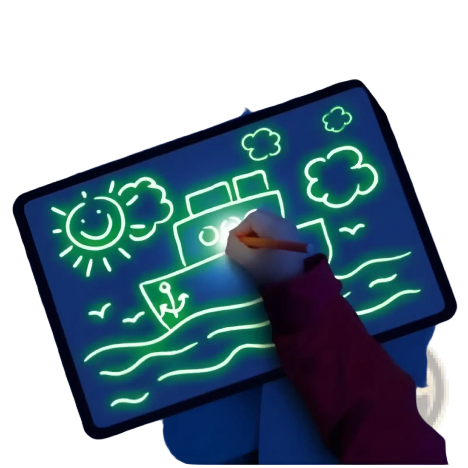 A glowing neon green 3d magic glow drawing pad with a child sketching a ship and sun on its illuminated surface