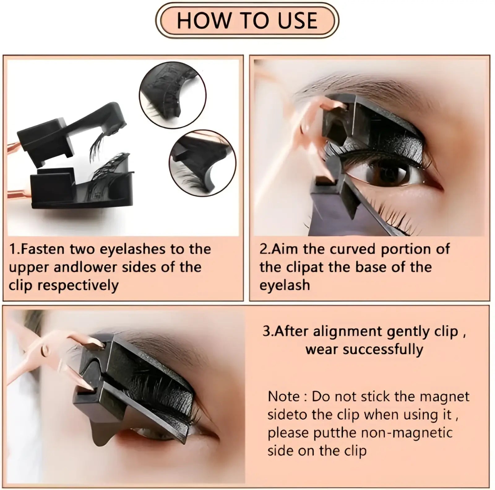 Black plastic eyelash clip with magnetic closure for precise application in 3d magnetic false eyelashes kit