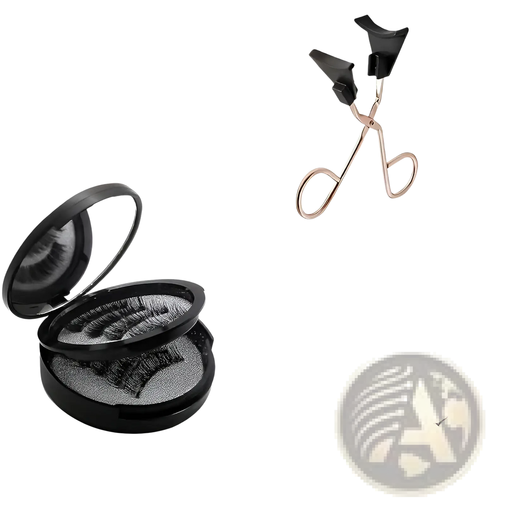 Black faux-mink 3d magnetic false eyelashes in sleek compact with rose gold-toned professional lash curler kit